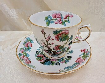 Taza de té y platillo vintage con diseño de árbol indio toscano, jardín botánico floral, ribete dorado, EUC