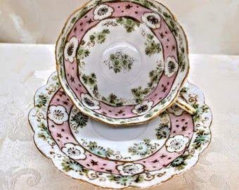 Taza de té y platillo antiguos de cáscara de huevo finos pintados a mano del siglo XIX con diseño floral rosa/verde EUC