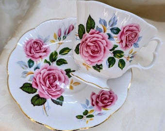 Juego de taza y platillo vintage Royal Albert Rosas Rosas, forma Gainsborough, porcelana inglesa de hueso, color dorado, ideal para fiestas en el jardín o el Día de la Madre.