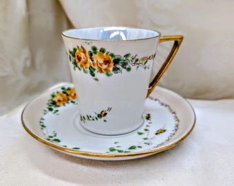 Vintage Hand Painted Teacup Minnie Luken Chicago Artist Signed Orange Roses Gold hutschenreuther floral Mid Century Modern