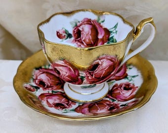 Juego de taza y platillo estilo Reina Ana vintage, rosa, rosas de repollo, oro macizo, Inglaterra, porcelana fina.