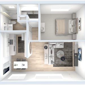 May include: A top-down view of a furnished apartment floor plan. The apartment has a bedroom, bathroom, kitchen, and living room. The bedroom has a bed with a beige comforter and pillows. The living room has a white couch, a coffee table, and a television. The kitchen has a white countertop and a sink. The bathroom has a shower and a toilet.