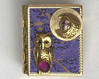 Miniature Book Brooch - with joyous spell  inside and a gold owl and new moon cover design