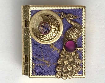 Miniature Book Pin - with a Short Story inside and an antique gold Peacock and New Moon cover design
