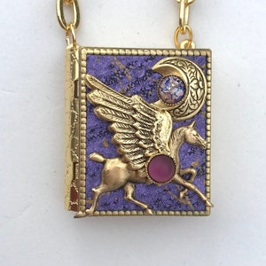 Miniature Book Necklace with a Magical Story inside and an antique gold Pegasus and Crescent Moon cover design image 1