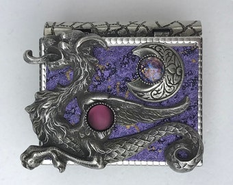 Miniature Book Pin - with a guidance spell inside and an antique silver Dragon and New Moon cover design