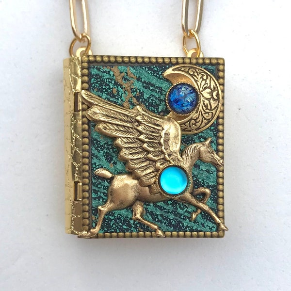 Miniature Book Necklace - with a Magical Story inside and an antique gold Pegasus and Crescent Moon cover design