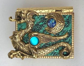 Miniature Book Pin - with a Magical Story inside and an antique gold Dragon and New Moon cover design