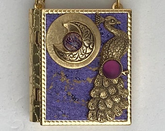 Miniature Book Necklace - with a Short Story inside and an antique gold Peacock and New Moon cover design