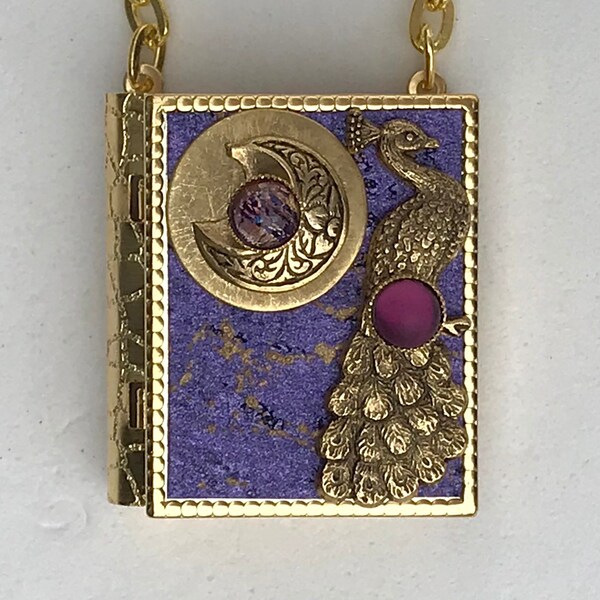 Miniature Book Necklace - with a Short Story inside and an antique gold Peacock and New Moon cover design