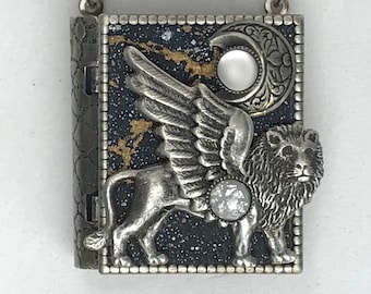 Miniature Book necklace - with a healing spell inside and an antique silver winged lion cover design