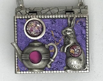 Miniature Book Necklace - with a Short Story inside and an antique silver Rabbit and Teapot cover design