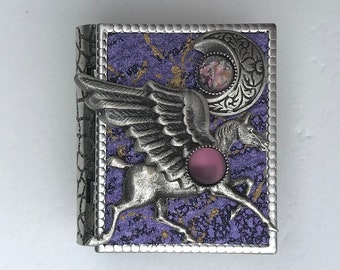 Miniature Book Pin - with a magical story inside and a silver pegasus and new moon cover design