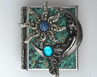 Miniature Book Pin - with a Protection Spell inside and an antique silver Moon Goddess and Star cover design