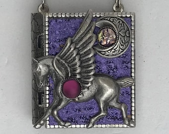 Miniature Book Necklace - with a magical story inside and a silver pegasus and new moon cover design