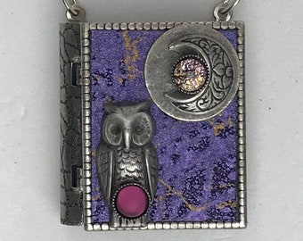 Miniature Book Necklace - with a guidance Spell inside and an antique silver Owl and New Moon cover design