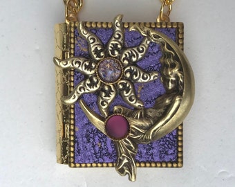 Miniature Book Necklace - with a Protection Spell inside and an antique gold Moon Goddess and New Moon cover design