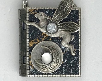 Miniature Book necklace - with a story about the moon inside and an antique silver flying rabbit cover design