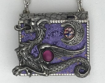 Miniature Book Necklace - with a Story about the Moon inside and an antique silver Dragon and New Moon cover design