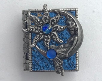 Miniature Book Pin - with a Protection Spell inside and an antique silver Moon Goddess and Star cover design