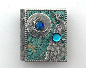 Miniature Book Pin - with a protection spell inside and an antique silver Peacock and New Moon cover design