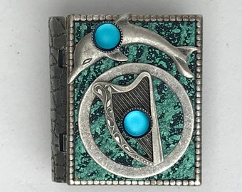 Miniature Book Pin - with a Mermaid Story inside and an antique silver Dolphin and Celtic Harp cover design