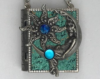 Miniature Book Necklace - with a Protection Spell inside and a Moon Goddess and Star cover design