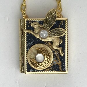 Miniature Book necklace with a story about the moon inside and an antique gold flying rabbit cover design image 1