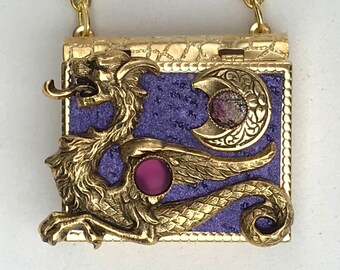 Miniature Book Necklace - with a magical story inside and an antique gold Dragon and New Moon cover design