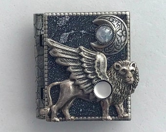 Miniature Book Pin- with a healing spell inside and an antique silver winged lion cover design