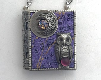 Miniature Book Necklace - with a guidance Spell inside and an antique silver Owl and New Moon cover design