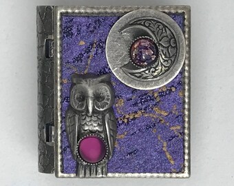 Miniature Book Pin - with a guidance Spell inside and an antique silver Owl and New Moon cover design