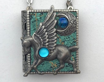 Miniature Book Necklace - with a Magical Story inside and an antique silver Pegasus and Crescent Moon cover design