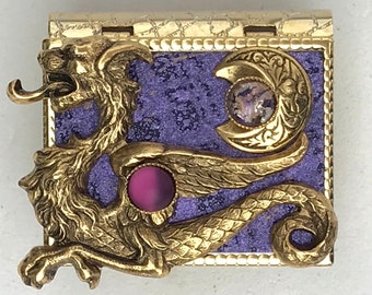 Miniature Book Pin - with a Magical Story inside and an antique gold Dragon and New Moon cover design