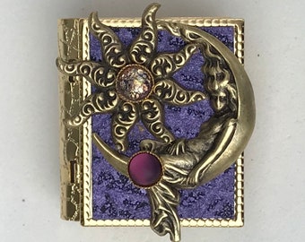 Miniature Book Pin - with a protection spell  inside and an antique gold Moon Goddess and Star cover design