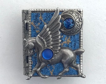 Miniature Book Pin - with a magical story inside and a silver pegasus and new moon cover design