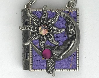 Miniature Book Necklace - with a Protection Spell inside and a Moon Goddess and Star cover design