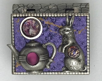Miniature Book Brooch - with a short story inside and rabbit and teapot cover design