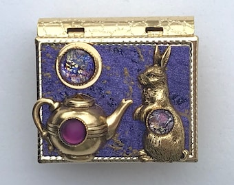 Miniature Book Brooch - with a Short Story inside and a Rabbit and Teapot cover design