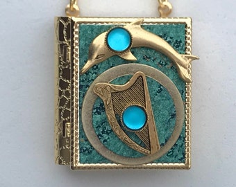 Miniature Book Necklace - with a Mermaid Story inside and an antique gold Dolphin and Celtic Harp cover design