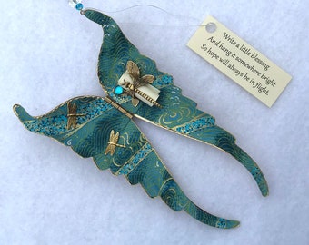 Folding Wings Ornament - Antique Gold - Lined with Chiyogami paper - Personalize by writing a blessing inside on removable scroll.
