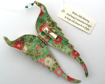 Hanging Ornament-wing ornament-angel wing ornament- green-flowers-chiyogami-yuzen-prayer-blessing-gold wings