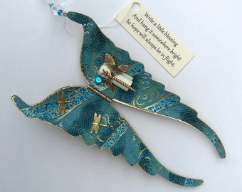 Folding Wings Ornament - Antique Gold - Lined with Chiyogami paper - Personalize by writing a blessing inside on removable scroll.