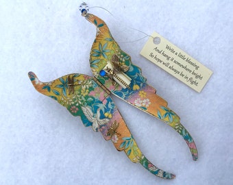 Folding Wings Hanging Ornament - Antique Gold - Lined with Chiyogami paper - Personalize by writing a blessing inside on removable scroll.