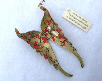 Folding Wings Hanging Ornament - Antique Gold - Lined with Chiyogami paper - Personalize by writing a blessing inside on removable scroll.