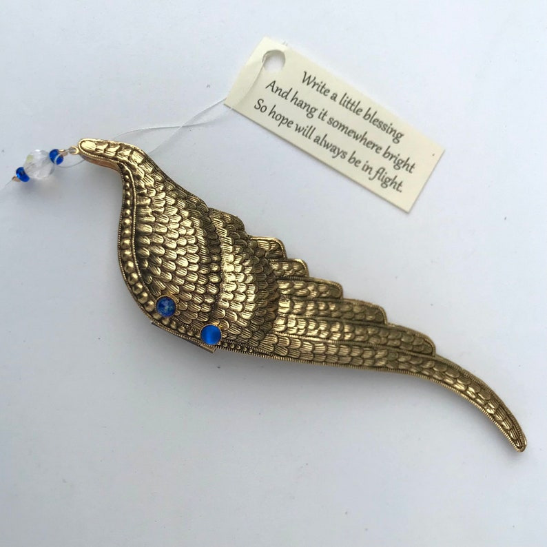 Folding Wings Hanging Ornament Antique Gold Lined with Chiyogami paper Personalize by writing a blessing inside on removable scroll. image 5