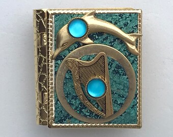 Miniature Book Pin - with a Mermaid Story inside and an antique gold Harp and Dolphin cover design