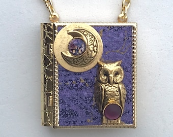 Miniature Book Necklace - with a Guidance Spell inside and an antique gold Owl and New Moon cover design