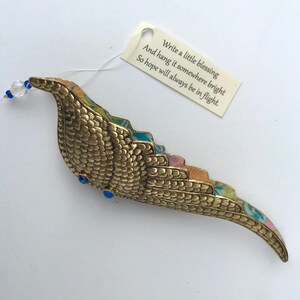 Folding Wings Hanging Ornament Antique Gold Lined with Chiyogami paper Personalize by writing a blessing inside on removable scroll. image 4