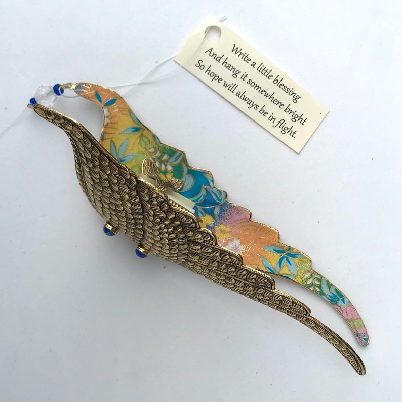 Folding Wings Hanging Ornament Antique Gold Lined with Chiyogami paper Personalize by writing a blessing inside on removable scroll. image 3